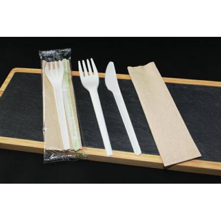 Konfekcja eco-set PLA biała, widelec+nóż+serwetka eko 100% biodegradowalne op. 200 kpl