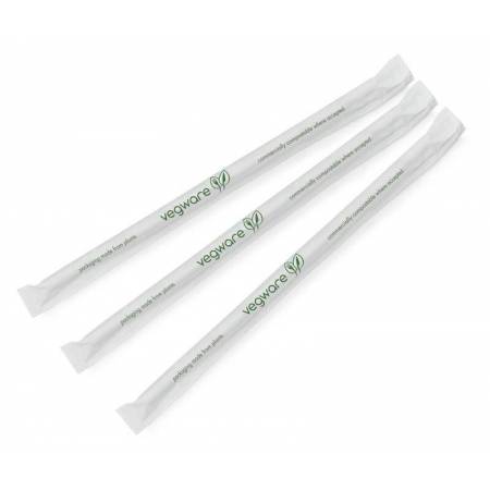 Słomki proste PLA 7mm/210 w papierku VEGWARE białe w zielone paski 100% biodegradowalne op. 300 sztuk